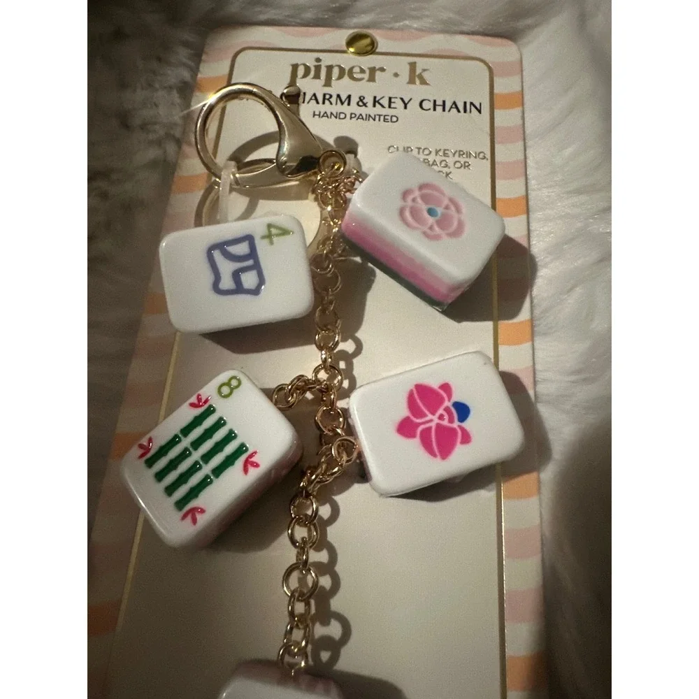 Piper K Mahjong Tile Bag Charm Keychain Hand Painted Gold Tone New